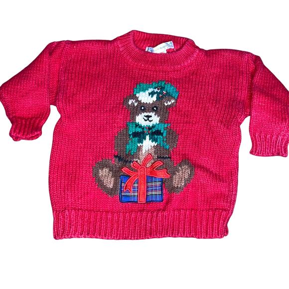 Vintage knit teddy bear and present christmas holiday baby sweater size 24 month - Picture 1 of 9